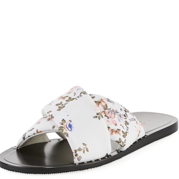 Rag & Bone Keaton Slide Flats Sz 37 White Floral Print Criss-cross Vamp Leather - Picture 1 of 12